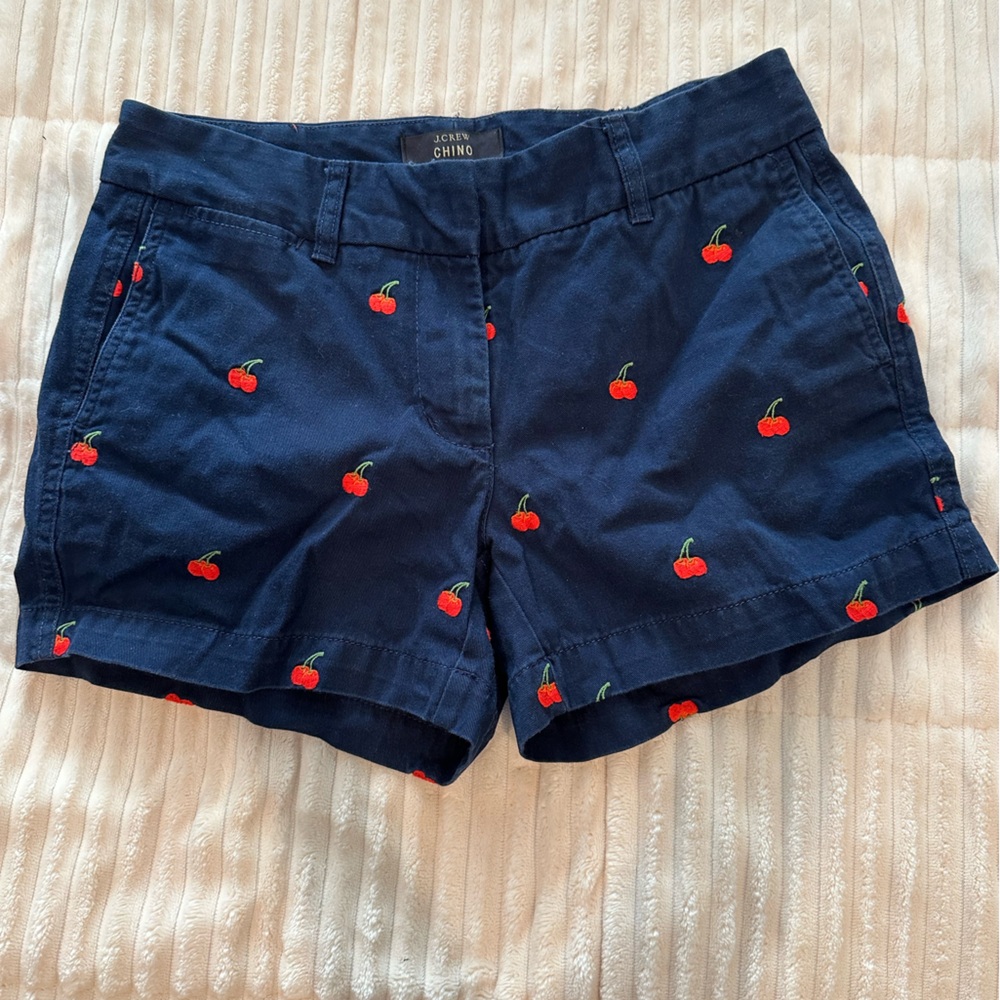 J. Crew Chino navy women’s short with embroidered cherries. 100% cotton. Size 0.